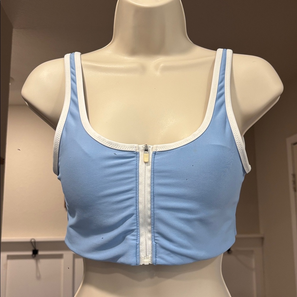 Old Navy Small Blue Bikini Top Front Zipper Bathing Suit Swim White Padded Comfy